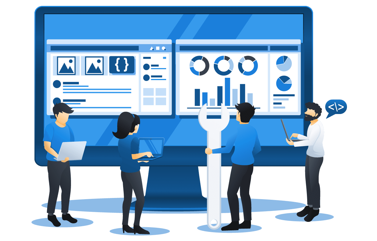 Illustration of the Fooldi team building software dashboards